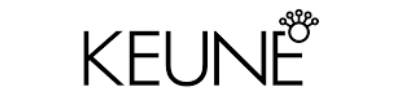 Elegant black text spells "KEUNE" on a white background. Above "E," a small black decoration resembling a crown adds a touch of sophistication.