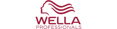 Alt text: "Wella Professionals logo with a stylized maroon silhouette of a head and flowing hair lines, above bold 'Wella Professionals' text."